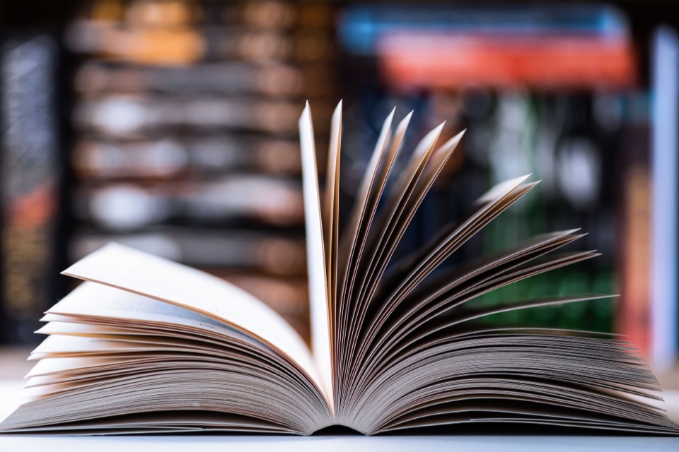 Aufgeschlagenes Buch mit aufgef&auml;cherten Seiten vor einem unscharfen B&uuml;cherregal